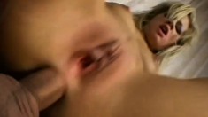 Lustful blonde fingers her juicy snatch and gets fucked in the ass