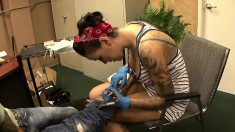 Beautiful tattoo artist with a perfect booty can't resist a big cock