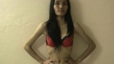 Skinny slut Goh poses her naked body, blows him and gets jerked off on