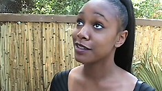 In the outdoors, a beautiful ebony girl with a sexy body is seduced by a black guy