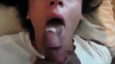 Black guy fucks a white chicks mouth and fills it with cum