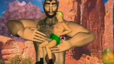 Animated cartoon of tiny gay man fucking a giant man in space